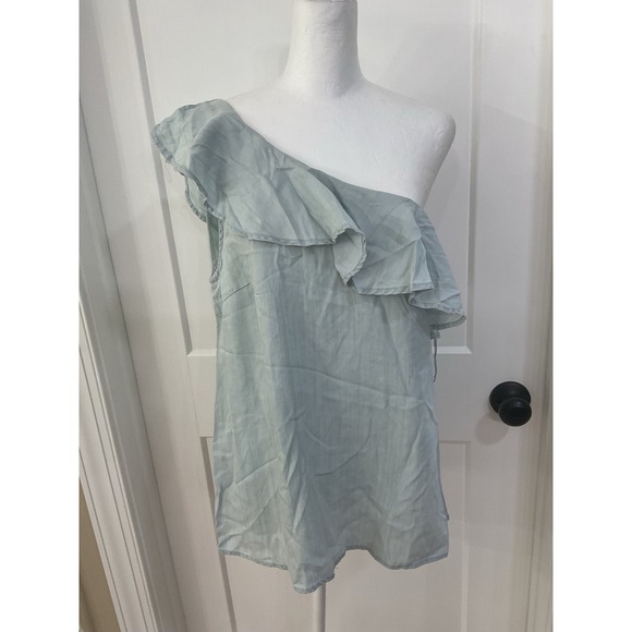 Francescas Tops - Francescas Light Blue Chambray One Shoulder Ruffle‎ Top Size M